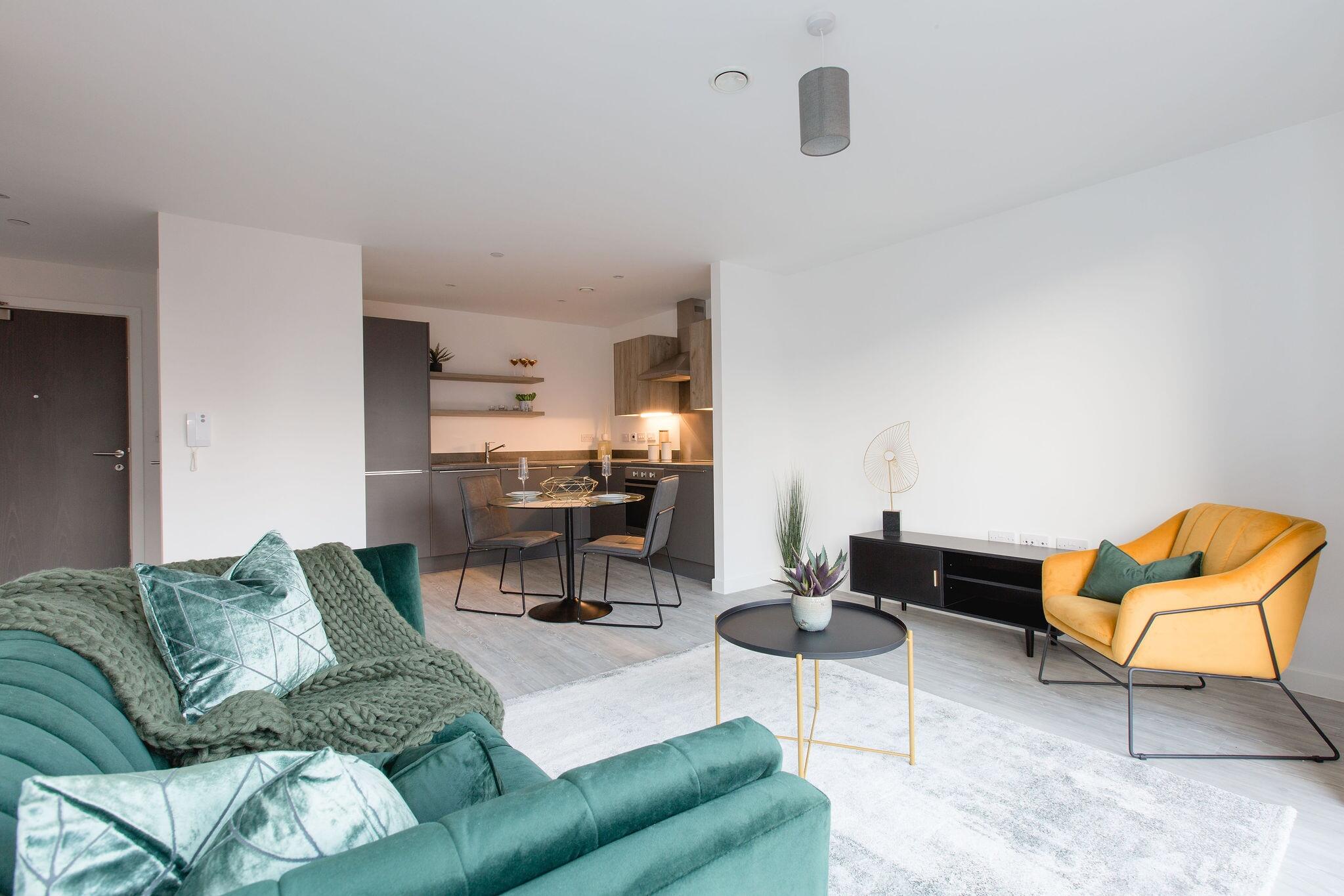 Living area for a one bed flat in the Vox development